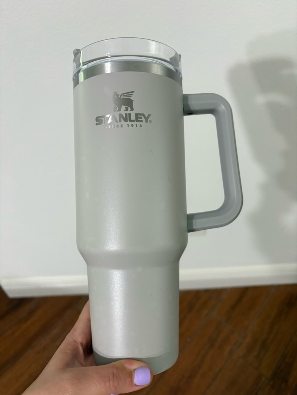 Stanley Travel Tumbler Mug in Light Gray with Handle